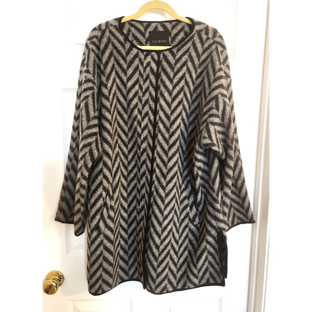 Talbots Black Gray Wool Chevron Full Zip/Button Collarless Coat Women's Size XL
